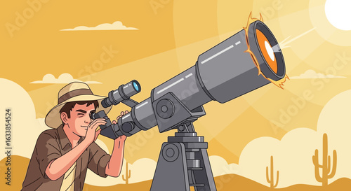 Cartoon Man Looking Through A Telescope In The Desert On A Sunny Day