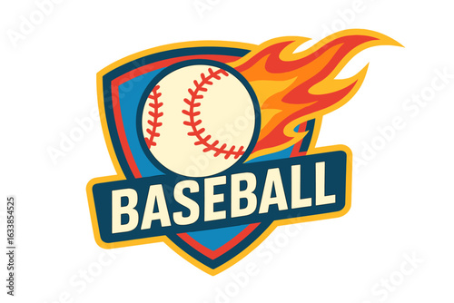 Dynamic baseball emblem vector. Flaming baseball illustration, sports badge, team logo, athletic insignia, competitive sport design for tournaments, school leagues, youth clubs, professional events.