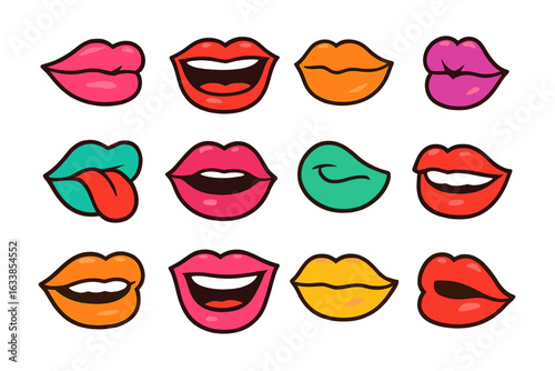 Vibrant cartoon lips set. Colorful mouth expressions. Kiss, tongue, smile, pucker, speech, lipstick. Pop art style. Comic lips, trendy makeup, emotions icons. Isolated vector illustration.