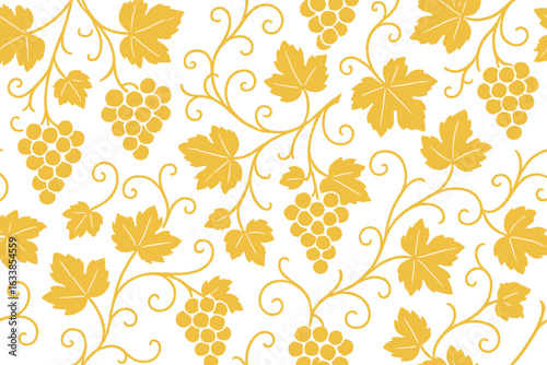Seamless gold grape vine branch pattern. Luxury vineyard foliage background. Elegant winery leaves, grape clusters motif. Ornamental golden botanical wallpaper. Classic wine plant vector texture.
