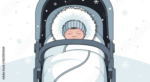 Baby Peacefully Sleeping In Stroller During Winter Season With Snowflakes Falling