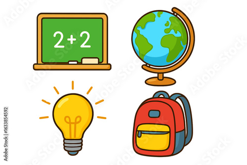 Vibrant vector icons of school and education essentials: chalkboard with math equation, globe, backpack, and glowing light bulb symbolizing learning, creativity, ideas, knowledge, and academic study