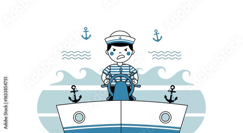 Cartoon Sailor Commanding A Ship In Rough Waters Nautical Adventure Concept