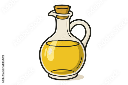 Cartoon Olive Oil Bottle Vector Illustration. Glass Cruet with Golden Liquid. Kitchen Cooking Ingredient. Healthy Mediterranean Food Concept. Transparent Background Isolated Clipart Graphic.