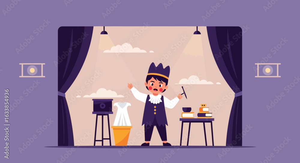 Fototapeta premium Boy Playing Magician On Stage Performing Tricks And Using His Magic Wand