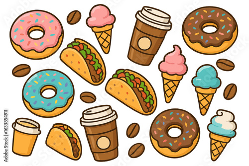 Cartoon seamless pattern of colorful donuts, tacos, ice cream cones, coffee cups, coffee beans. Cute hand-drawn vector snacks background. Fun dessert, fast food, sweet treats playful design.
