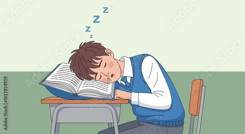 Cartoon Student Asleep on a Book in Class While Resting At The Desk