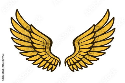 Golden angel bird wings vintage halftone illustration. Retro feathered winged emblem, aviation fantasy icon. Decorative majestic gold wing vector. Mythology, flight, tattoo concept isolated.