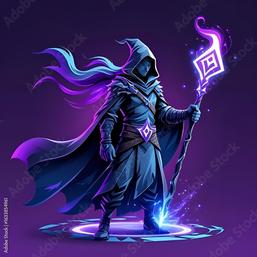 Gaming wizard mascot logo with glowing staff, dark cloak and mystical aura, purple and blue tones, transparent PNG esport logo
