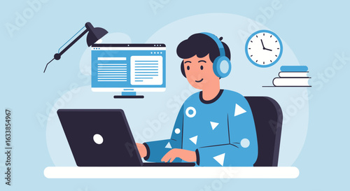 Cartoon Student In The Middle Of Online Learning Or Distance Working