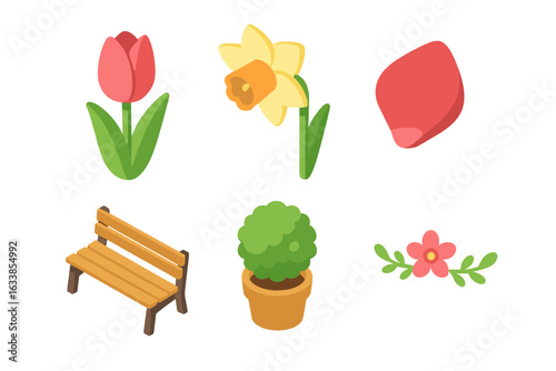Isometric Park Garden Decorative Set. Cartoon Tulip, Daffodil, Flower Petal, Wooden Bench, Potted Shrub, Floral Ornament. Urban Garden Floral Elements. Spring Nature Design Elements.