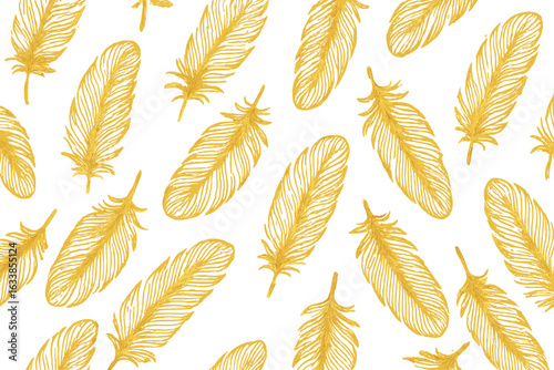 Seamless golden feather pattern vector background. Hand-drawn bird feather illustration. Elegant boho textile print. Decorative gold feather motif for fabric, wallpaper, wrapping paper, digital design