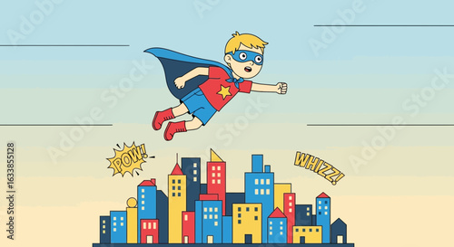 Cartoon Superhero Kid Flying Above Cityscape With Sound Effects On Sky Background