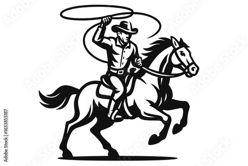 Wallpaper Mural Cowboy riding galloping horse with lasso, silhouette vector. Wild west rodeo rancher, traditional cowboy hat boots shirt. Western cattle wrangler action, equestrian skill. Country cowboy illustration. Torontodigital.ca