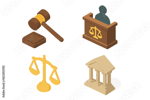 Isometric Justice Law Icon Set. Vector illustration of courthouse building, judge gavel, trial podium, and golden scales symbol. Legal system, courtrooms, judiciary, law enforcement, justice concepts