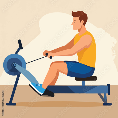 A man is exercising on a rowing machine, focused on his workout.
