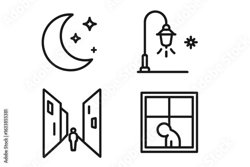 Nighttime Urban Loneliness Vector Icons. Set of mental health and depression concepts. Moon, street lamp, empty alley, sad person at window. City solitude, insomnia, stress, isolation metaphor designs