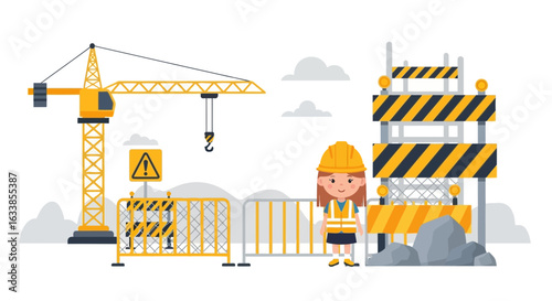 Cartoon Woman Construction Worker Supervising Operations On Building Site