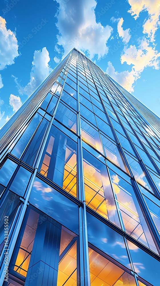 Obraz premium Modern Glass Office Building Reflecting Sky and Clouds in Urban Environment