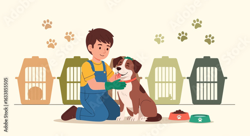 Boy Plays With a Dog in an Animal Shelter Pet Adoption Volunteering Scene