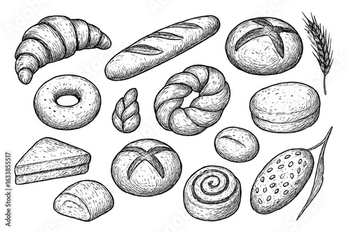 Hand drawn bakery products set. Vector sketch illustration of assorted breads, pastries, croissant, baguette, wheat, bagel, cake slice, loaf, bun. Artisan hand sketched bakery food collection.