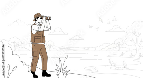 Cartoonish Explorer Using Binoculars In A Serene Landscape With Wildlife