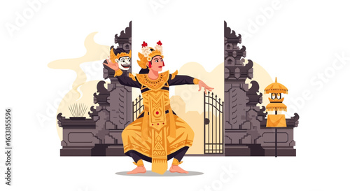 Balinese Dancer Performing Traditional Mask Dance at Temple Entrance