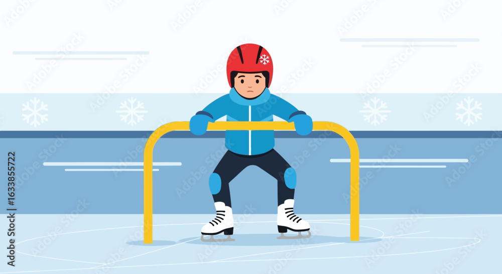 Obraz premium Boy Practicing Ice Skating With Aid On Frozen Rink During Winter Season