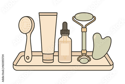 Skincare routine essentials set. Facial cleansing brush, face cream tube, serum dropper bottle, jade roller, gua sha stone on tray. Minimalist beauty tools. Self care, spa vector illustration