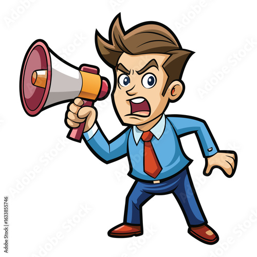 A loud cartoon man shouting through a megaphone, representing communication, announcements, and a call to action.