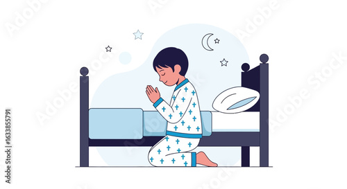 Boy Praying On His Knees Before Bedtime In A Starry Night Dream World