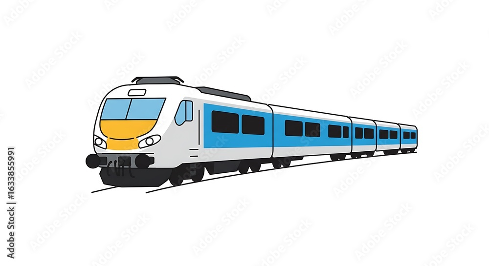 Naklejka premium Modern Blue and White Passenger Train Traveling on Tracks - Vector Illustration