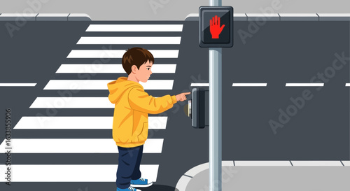 Boy Pressing The Crosswalk Button For Safe Passage In The City Street