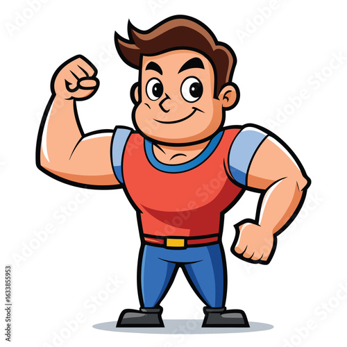 A strong cartoon man proudly showing his biceps, symbolizing strength, fitness, and confidence on a white background.