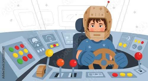 Boy Pretending To Pilot Spaceship With Cardboard Helmet And Controls