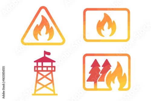 Forest Fire Warning Signs and Firewatch Tower Icons Set. Gradient Cartoon Vector Illustration of Wildfire Alert, Fire Symbol, Forest Emergency, Fire Safety, Danger Sign, Prevention Isolated Elements