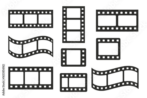 Film strip vector icons set. Vintage movie roll, film frame, blank photo reel, wavy filmstrips. Cinema frame elements, retro video border. Flat cartoon vector illustration on transparent background.