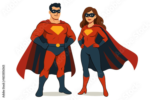 Dynamic superhero couple illustration, man and woman in matching red blue costumes with capes, standing in heroic pose, powerful duo, male and female heroes, teamwork, partnership, vector graphic