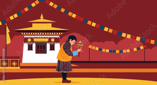 Bhutanese Boy Spinning Prayer Wheel near Traditional Dzong Temple