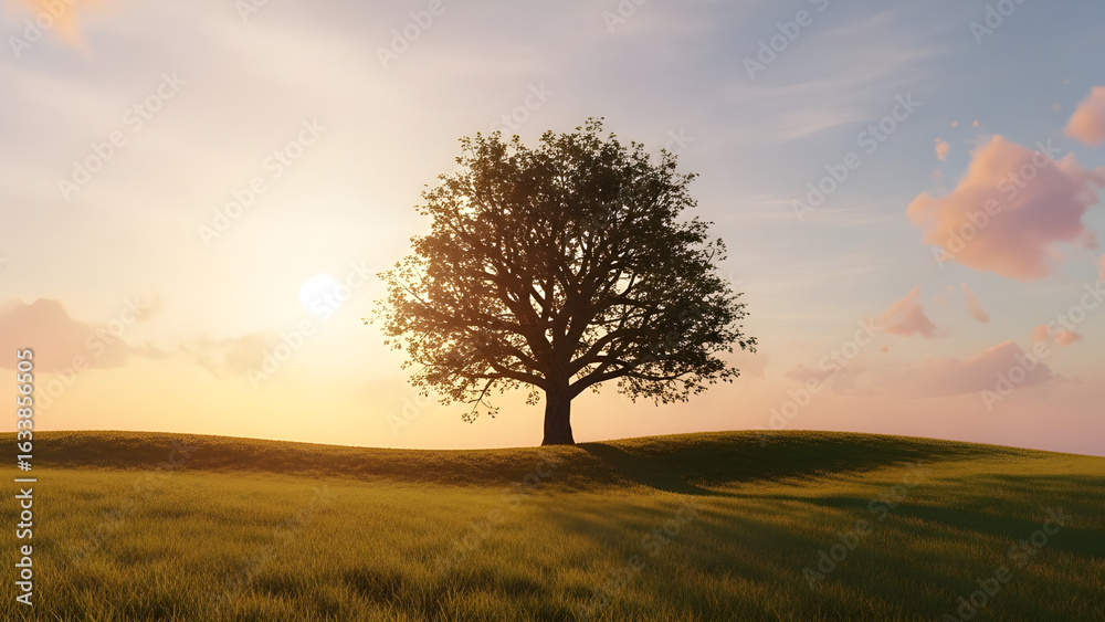 Fototapeta premium Solitary tree in warm sunset light in open grassland landscape