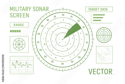 Military sonar screen digital interface vector illustration, futuristic radar display with target tracking, scanning system technology for submarine and naval security, transparent background