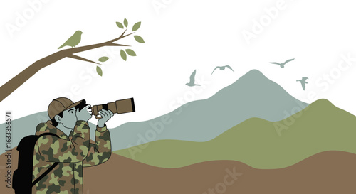 Birdwatcher Enjoying The Scenery With Mountains On The Background Vector