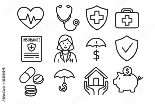 Hand-drawn vector icons illustrating health care, medical insurance, financial security, health protection, healthcare savings, prescription medicine, and safe investment concepts on white background