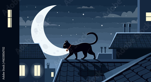 Black Cat Strolling Across Roofs Under Crescent Moon In Calm Night