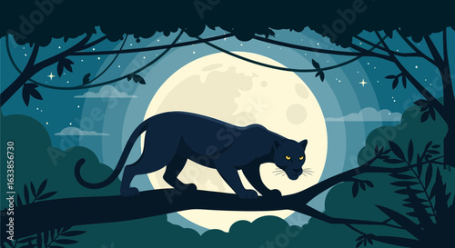 Black Panther Silhouette Against a Full Moon in a Dense Jungle Illustration