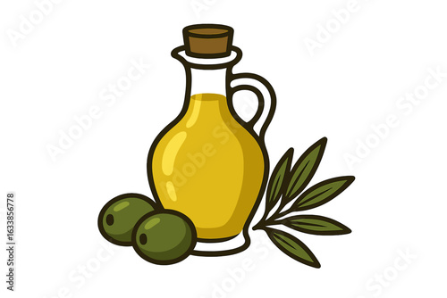 Olive oil bottle with green olives and leaves vector illustration. Extra virgin olive oil glass carafe. Healthy Mediterranean cooking ingredient. Cartoon food clipart. Isolated transparent background.
