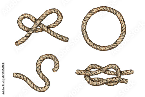 Vintage hand-drawn rope shapes and knots set, vector illustration isolated on white. Collection of old nautical rope loops, ties, curves and twisted ropes. Sailing, marine, decorative design elements.