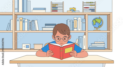 Boy Reads A Book At A Desk In A Room With A Bookshelf
