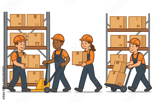 Vector cartoon illustration of warehouse workers transporting boxes during daytime, industrial logistics and teamwork concept, transparent background, organized set of delivery and storage activity
