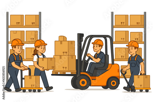 Vector illustration of warehouse workers transporting boxes during daytime, logistics and shipping concept, cartoon style, industrial teamwork, storage and delivery process on transparent background